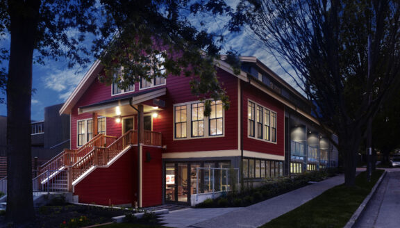 Converted School house on corner lot; Project Team: HBBH Architects; Photo Credit: HBBH Architects. 5 units; Fiveplex; 1 blg