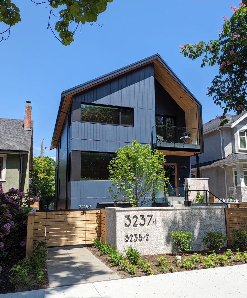 Passivehaus Duplex with a basement lock-off suite attached to each unit. Both duplex units have above-ground space. There is room for a laneway house at rear.; Project Team: One Seed; Photo Credit: OneSEED. 4 units; 1 blg; Duplex