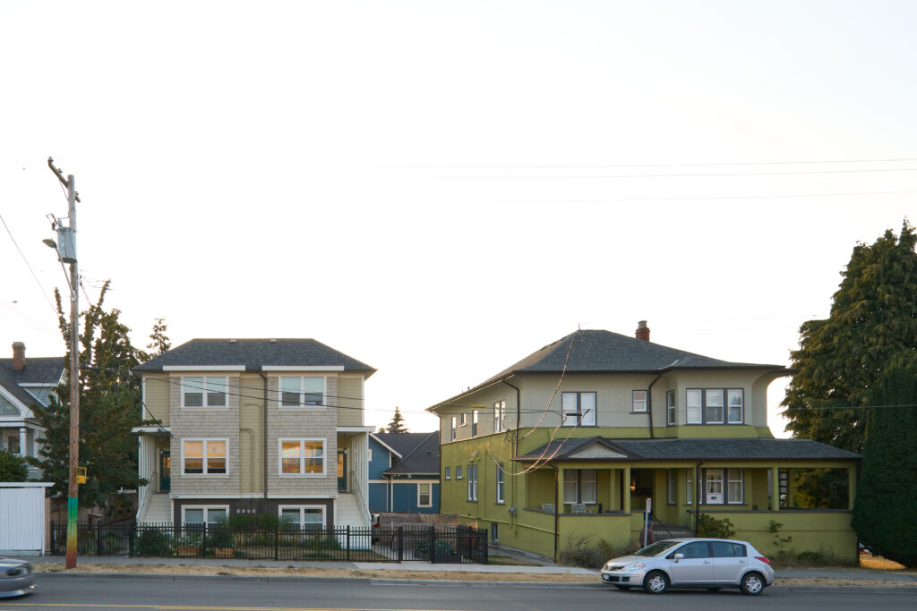 Three-unit gentle density infill in a previously unused parking lot; Project Team: Christine Lintott Architects; Photo Credit: Christine Lintott. 3 units; Triplex; 1 blg