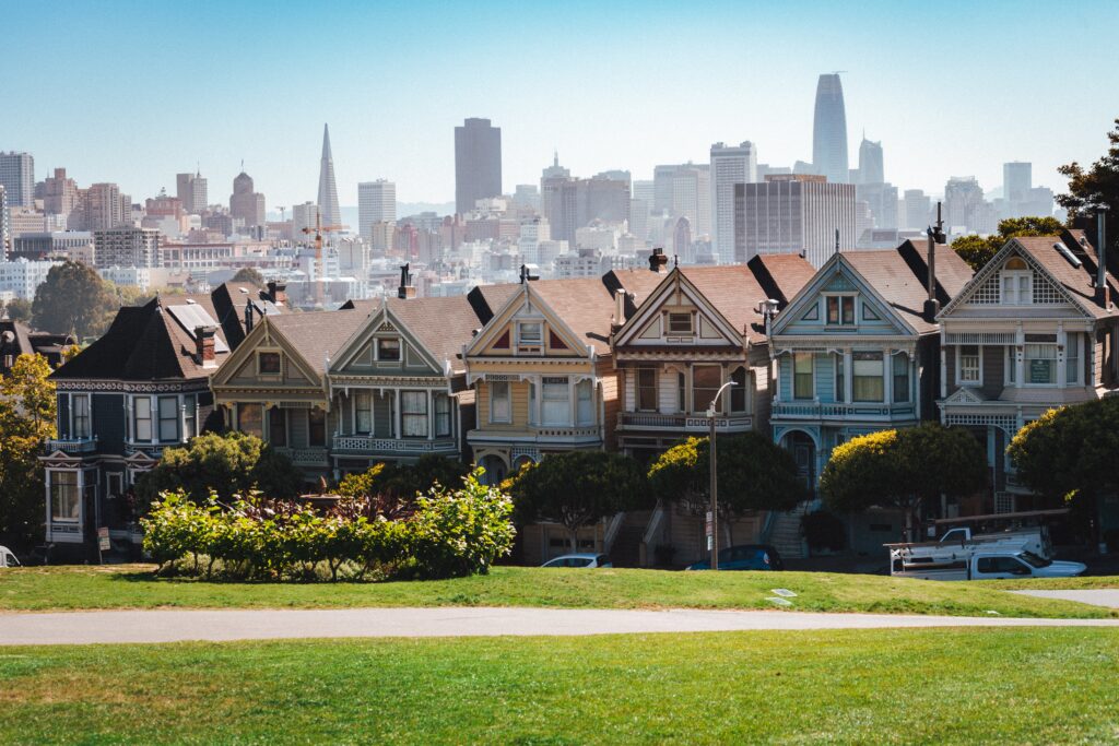 The famous “Painted Ladies of San Francisco", otherwise known as “Postcard Row" or the “Seven Sisters", are a row of colorful Victorian houses located at 710–720 Steiner Street, across from Alamo Square.